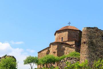 View on the Jvari monastery, orthodox monastery of the 6th century on the rocky mountaintop over the old town of Mtskheta (UNESCO World Heritage site), Georgia