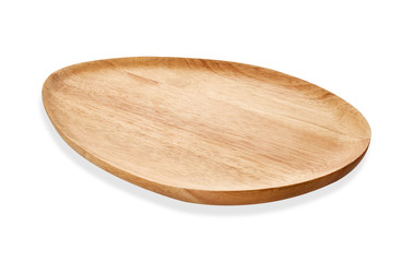 Empty oval wooden tray, Oval natural wood plate, Serving tray isolated on white background with...