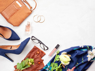 Fashion accessories and blue high heels shoes for girls and women. Urban fashion trends