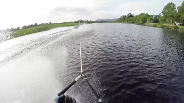 First person view barefoot water skiing.