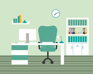 Office room with green walls and white furniture, with computer, lamp and monitor on desk, with chair and clock next to rack on wall - flat design