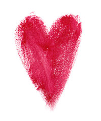 Simple bright pink elongated heart painted with dry brush in watercolor on clean white background