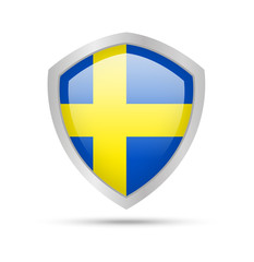 Shield with Sweden flag on white background.