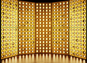 Stage lights, light panels, a lot of light bulbs on a gold background. Lighting for modern shows on stage