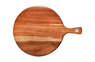 Empty round wooden board, Wooden serving tray with handle, View from above isolated on white background with clipping path                           