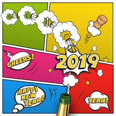 2019 New Year postcard or greeting card template. Vector 2019 New Year retro design in comic book style with champagne bottle.