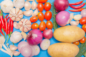 Fototapeta na wymiar organic fresh colorful vegetables with potatoes, tomatoes,coriander,chilli, onion. Minimalism on blue background.Copy space for your text.