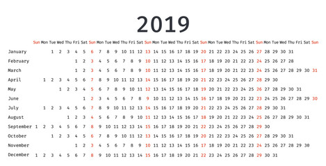 2019 Calendar linear design. Vector graphics. Stationery template in simple style with months. Portrait Orientation. Yearly calendar organizer.
