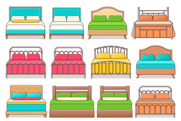 Bed. Vector. Outline furniture icon in flat design for bedroom. Linear illustration in line art style. House equipment set for hotel room isolated on white background.