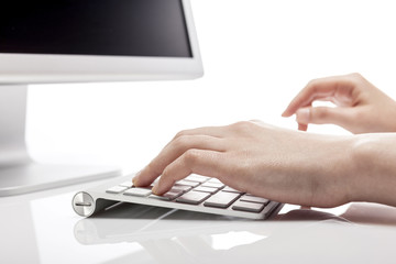 woman hand type something isolated white.