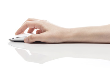 woman hand hold a mouse isolated white.