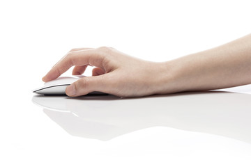 woman hand hold a mouse isolated white.