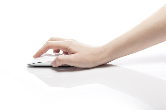 Woman Hand Hold A Mouse Isolated White.