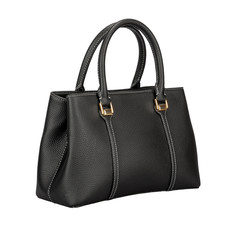 Naklejka premium Black matte texture leather bag with white seams isolated on white background