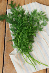 Fresh bunch dill wooden table top view