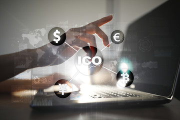 ICO, Initial Coin Offering. Digital electronic binary money financial concept. Bitcoin currency...
