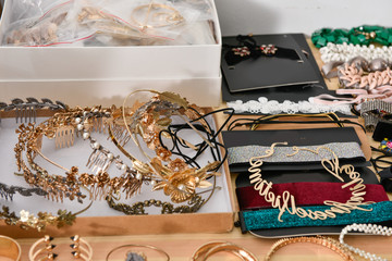 Display of many handmade Ukrainian slavic red coral jewelry pieces necklaces and bracelets