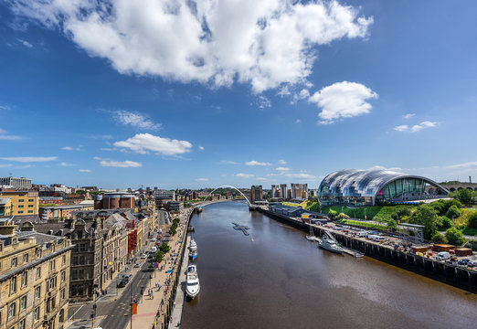 Looking down the Tyne River to the Quayside in Newcastle and Gateshead