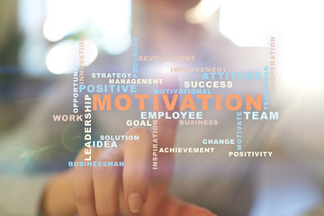 Motivation concept on the virtual screen. Words cloud.