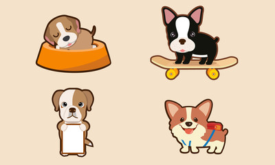 The character Beagle puppy sleep in the feeding bowl Boston Terrier on skateboards, and dog banner with backpack