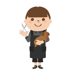 トリマーの仕事をしている、動物大好きな女の子のイラスト