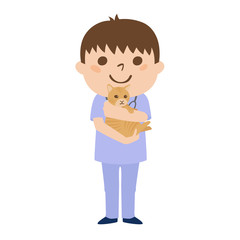 獣医の仕事をしている、動物大好きな男の子のイラスト