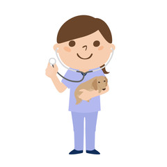 獣医の仕事をしている、動物大好きな女の子のイラスト