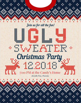 Ugly Sweater Christmas Party Invite. Knitted Background Pattern Scandinavian Ornaments.