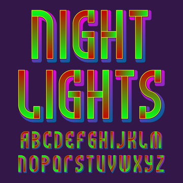Night lights alphabet. Glowing vibrant font. Isolated english alphabet.
