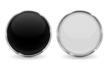 Glass black and white shiny 3d buttons with metal frame