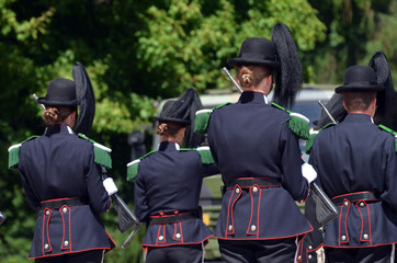 Norwegian soldiers in gala uniforms changing honor guard in front of the Royal Palace

