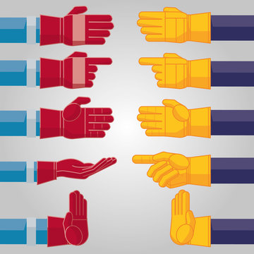 10 poses de deux gants industriels aux couleurs personnalisables (rouge et jaune) pour la création de concept design
