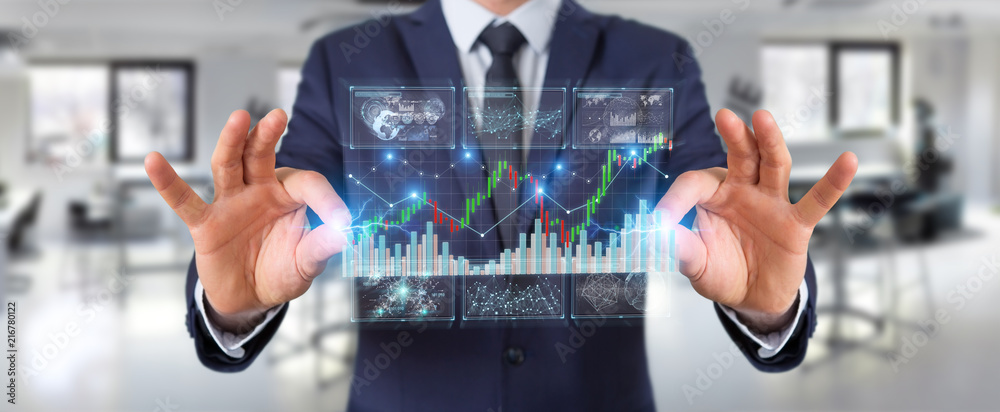 Poster Businessman using 3D rendering stock exchange datas and charts