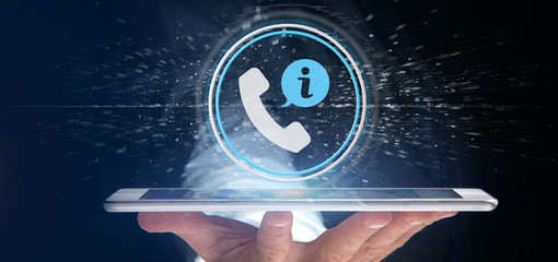 Businessman holding a customer and assistance hotline service button 3d rendering