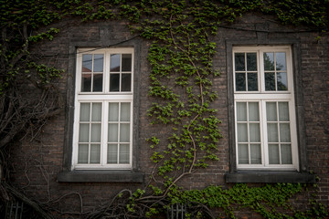 Fototapeta na wymiar Beautiful old window on a brick wall background of an old house.