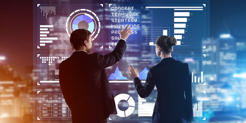 Concept of partnership and cooperation with people using virtual interface