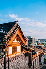 Fototapeta premium Bukchon Hanok Village, old traditional Korean house with tourist