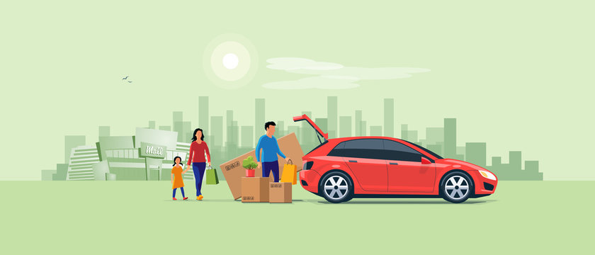 Flat Vector Illustration Of A Man With Family Coming From Shopping And Loading The Car Trunk With Purchase Carton Boxes. Oversized Big Tv Box Doesn't Fit. Shopping Mall And City In The Background.