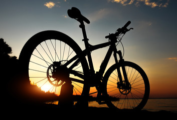 Silhouette of bicycle on the beach against colorful sunset in the sea, gold sky background. Reflection of sun in water. Outdoors.