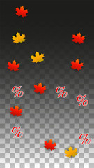 Vector Percentage Sign and Autumn Leaves Confetti on Transparent Background. Percent Sale Background. Business, Economics, Finance Print. Discount Illustration. Promotion poster. Black Friday Banner. 