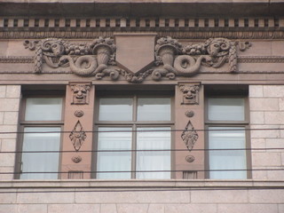  Fragment of the facade of the building with elements of an architectural decor, Russia, St. Petersburg 