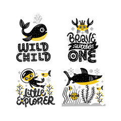 Underwater world. Cute vector illustration with lettering. Nursery print