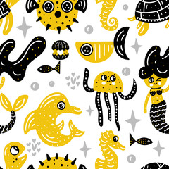 Underwater texture. Vector seamless pattern. Nursery wal design