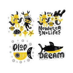 Underwater world. Cute vector illustration with lettering. Nursery print