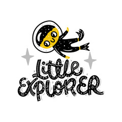 Little explorer. Underwater world. Cute vector illustration with lettering. Nursery print