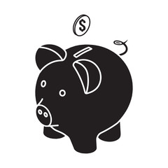 Business icon of a piggy bank, black and white fill color on white background. Icon for business, management, finance, strategy, marketing.