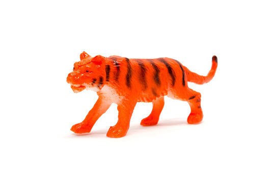 Fototapeta Tiger model isolated on white background, animal toys plastic