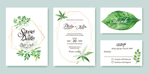 Wedding Invitation, save the date, thank you, rsvp card Design template. Silver dollar, olive leaves. leaf. Vector. 