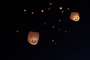 Sky lanterns floating in the sky. Deepavali lights festival. Chinese sky lantern wallpaper. Diwali celebration &ndash; the festivals of the light. A Hindu festival of lights and people releasing sky lantern