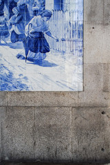 Closeup of azulejos in Sao Bento train station in Porto, Portugal.
